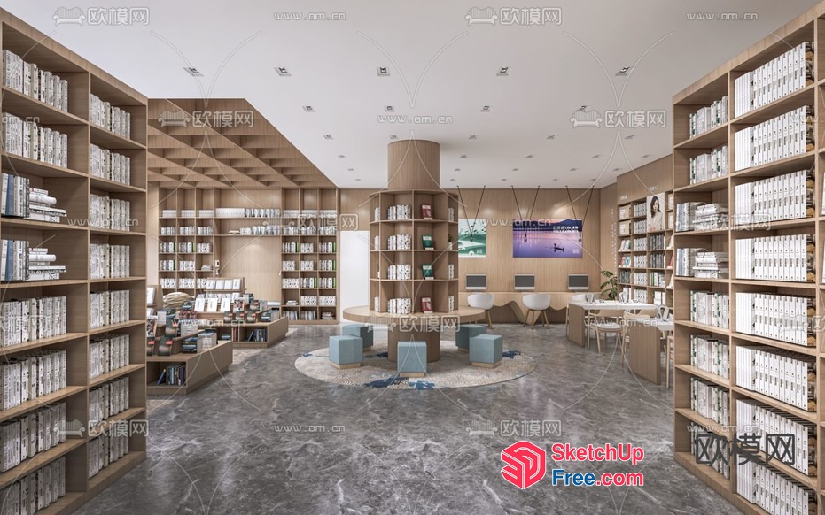 Modern Library Interior With Staircase And Bookshelves 3D SketchUp File