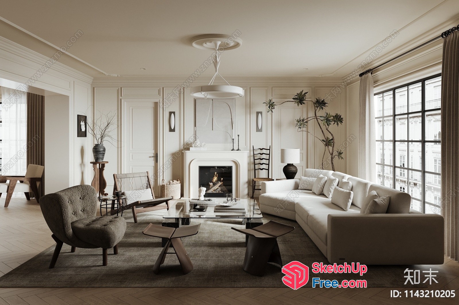 Classic European Style Living Room With Fireplace And White Sofa 3D SketchUp File