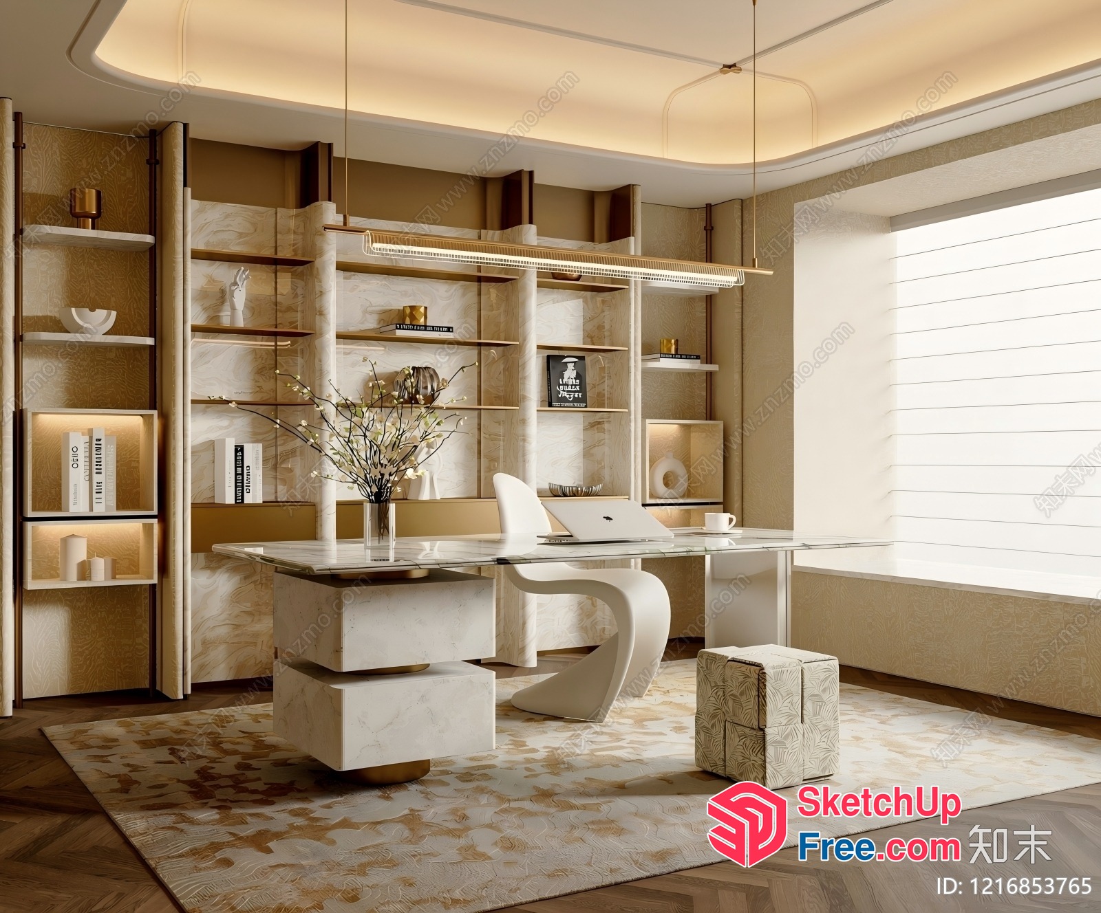 Modern Office Space With Elegant Desk And Shelves 3D SketchUp File