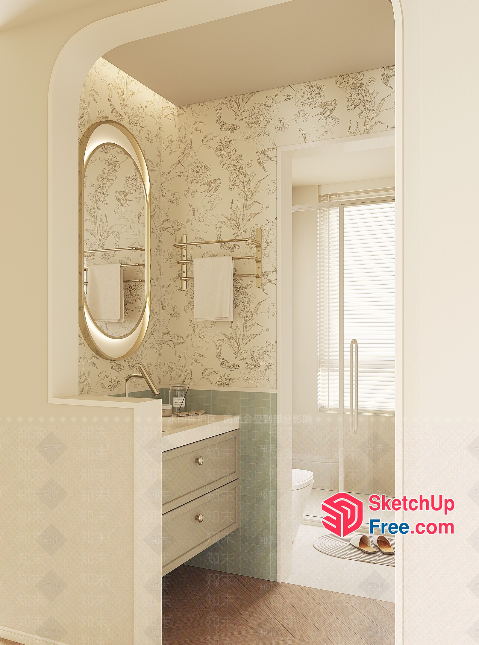 Elegant Bathroom With Floral Wallpaper And White Fixtures 3D SketchUp File