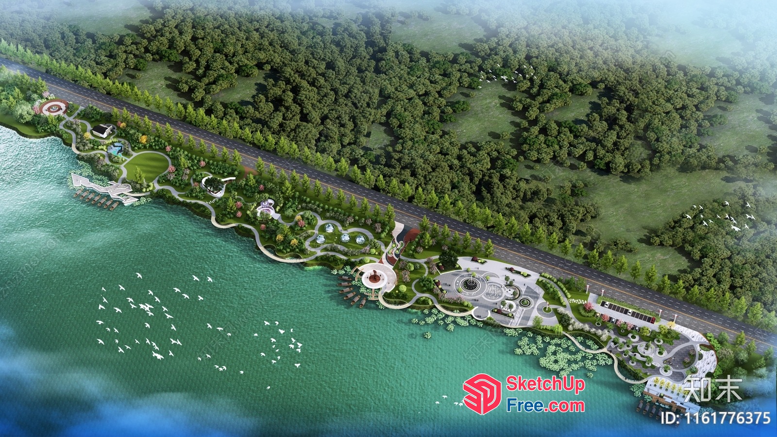 Aerial View Of A Serene Park With A Road And Water 3D SketchUp File