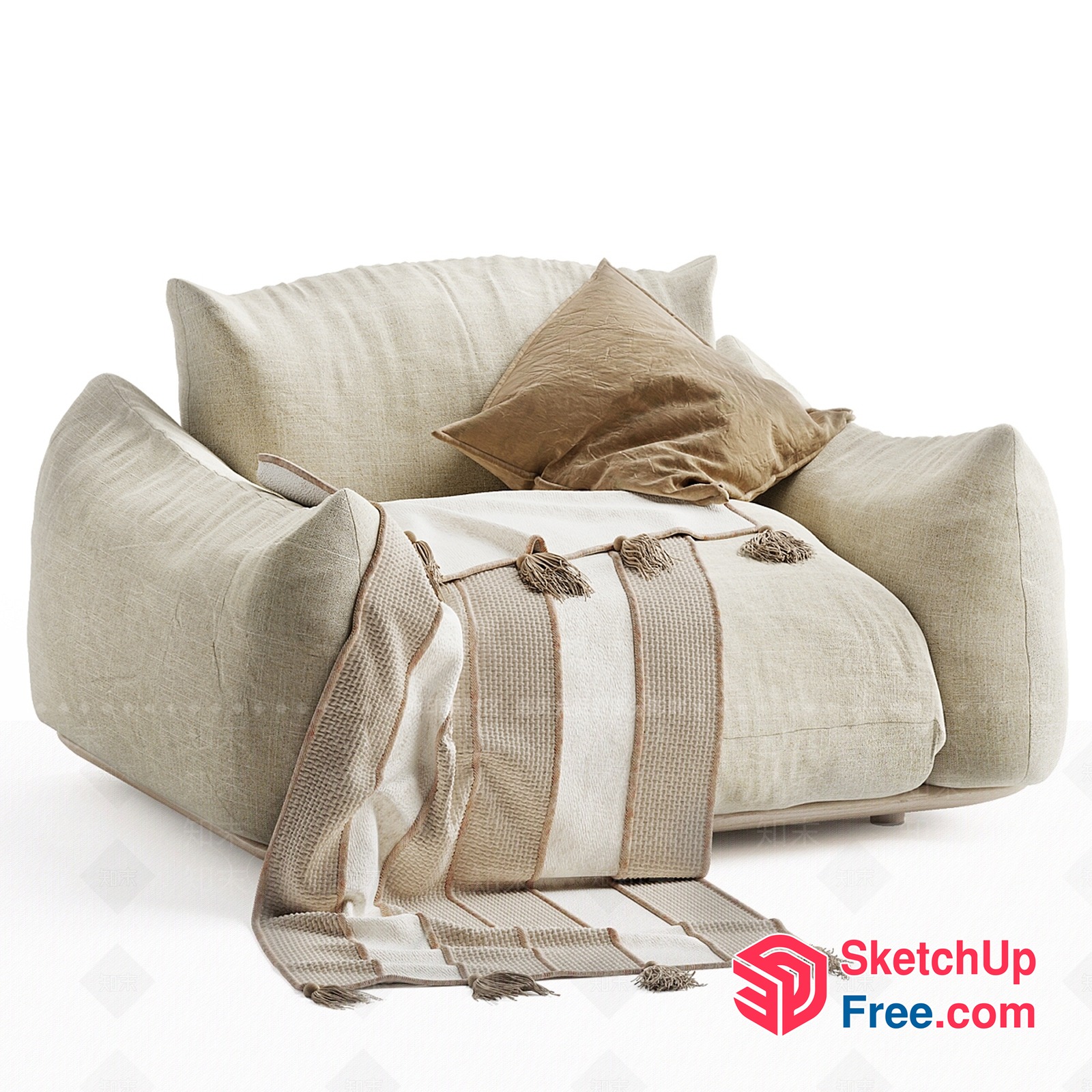 Comfortable Creamy Style Sofa With Pillows And Blanket 3D SketchUp File