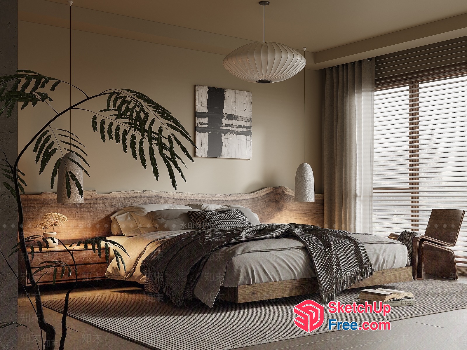 Minimalist Japanese-Style Bedroom With Natural Wood Accents 3D SketchUp File