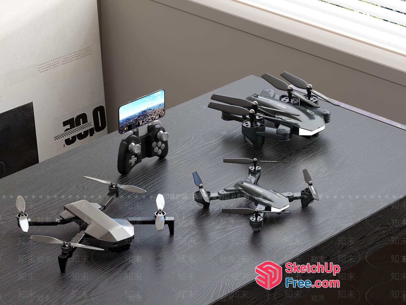 Small Drones And Controller On A Dark Wood Table 3D SketchUp File