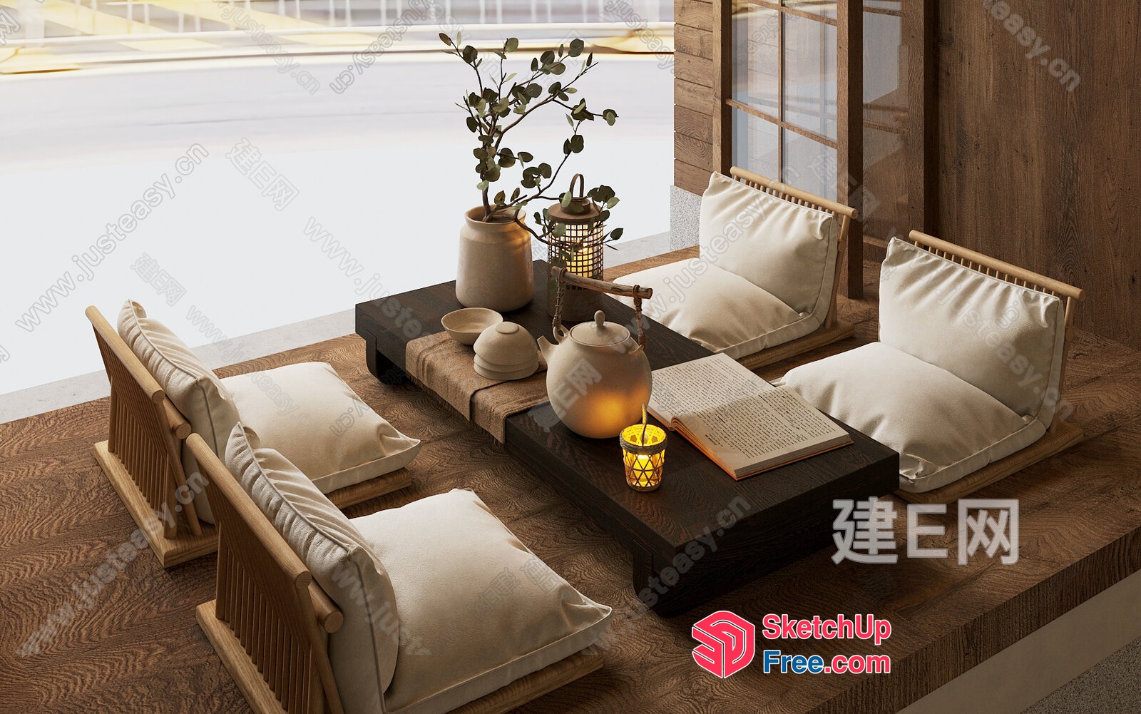 Cozy Japanese-Style Living Room With Natural Wood Accents 3D SketchUp File