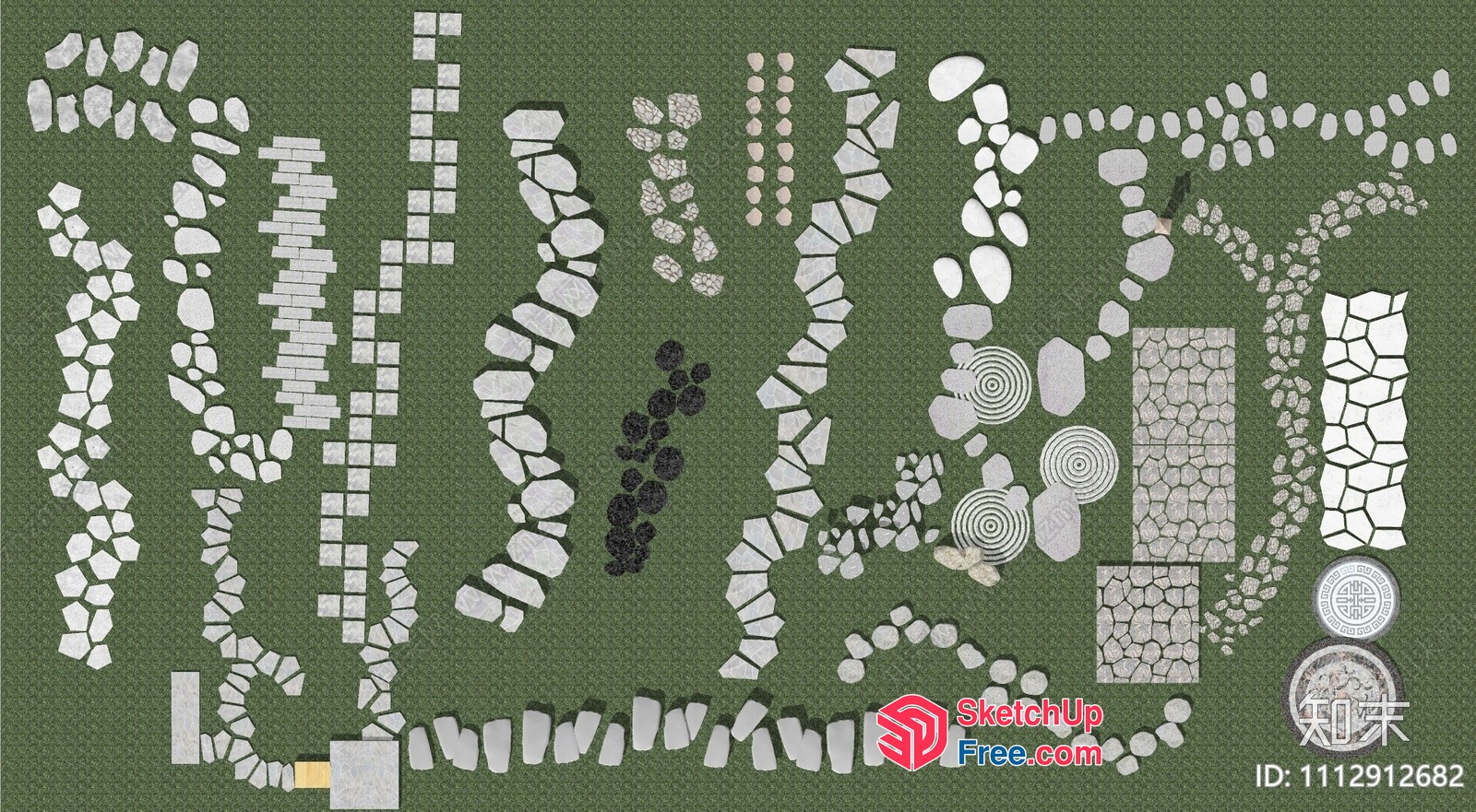 Arrangement Of Various Shaped Stones On A Green Background 3D SketchUp File