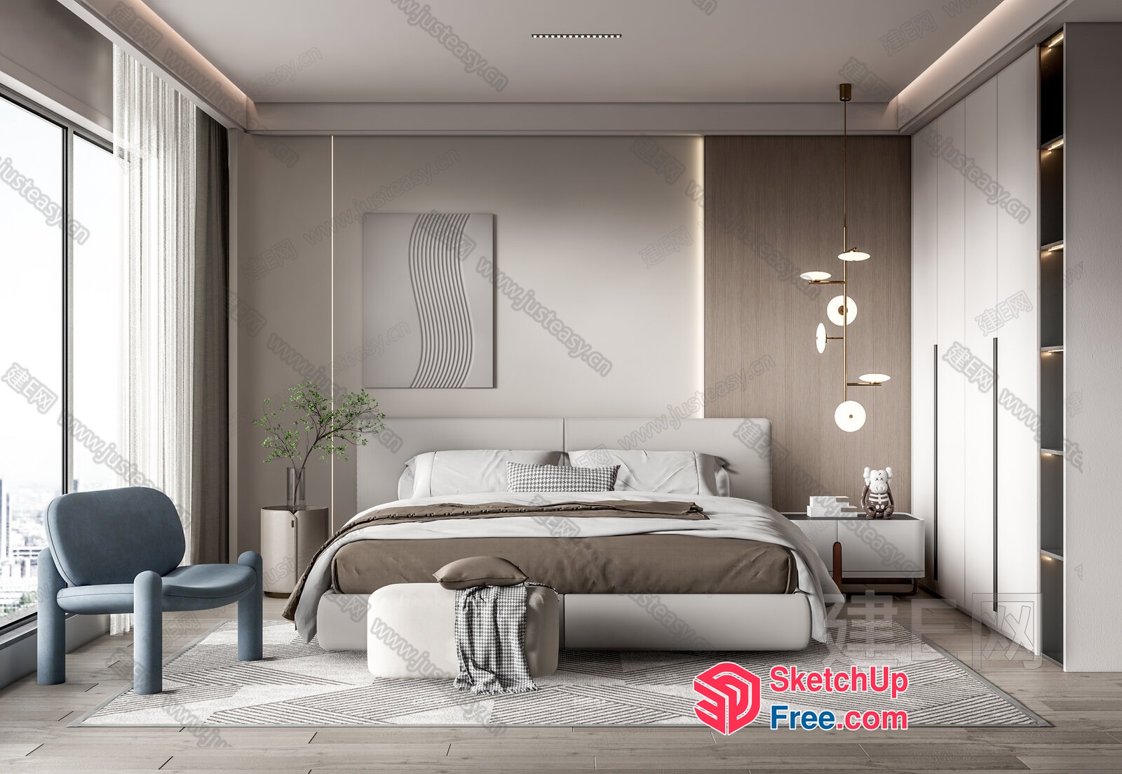 Modern Minimalist Bedroom Interior With Neutral Color Scheme 3D SketchUp File