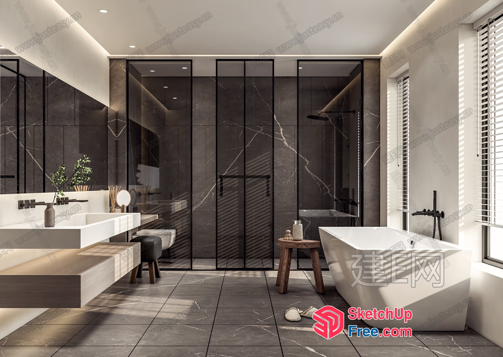 Modern Bathroom With White Bathtub And Wooden Stool 3D SketchUp File