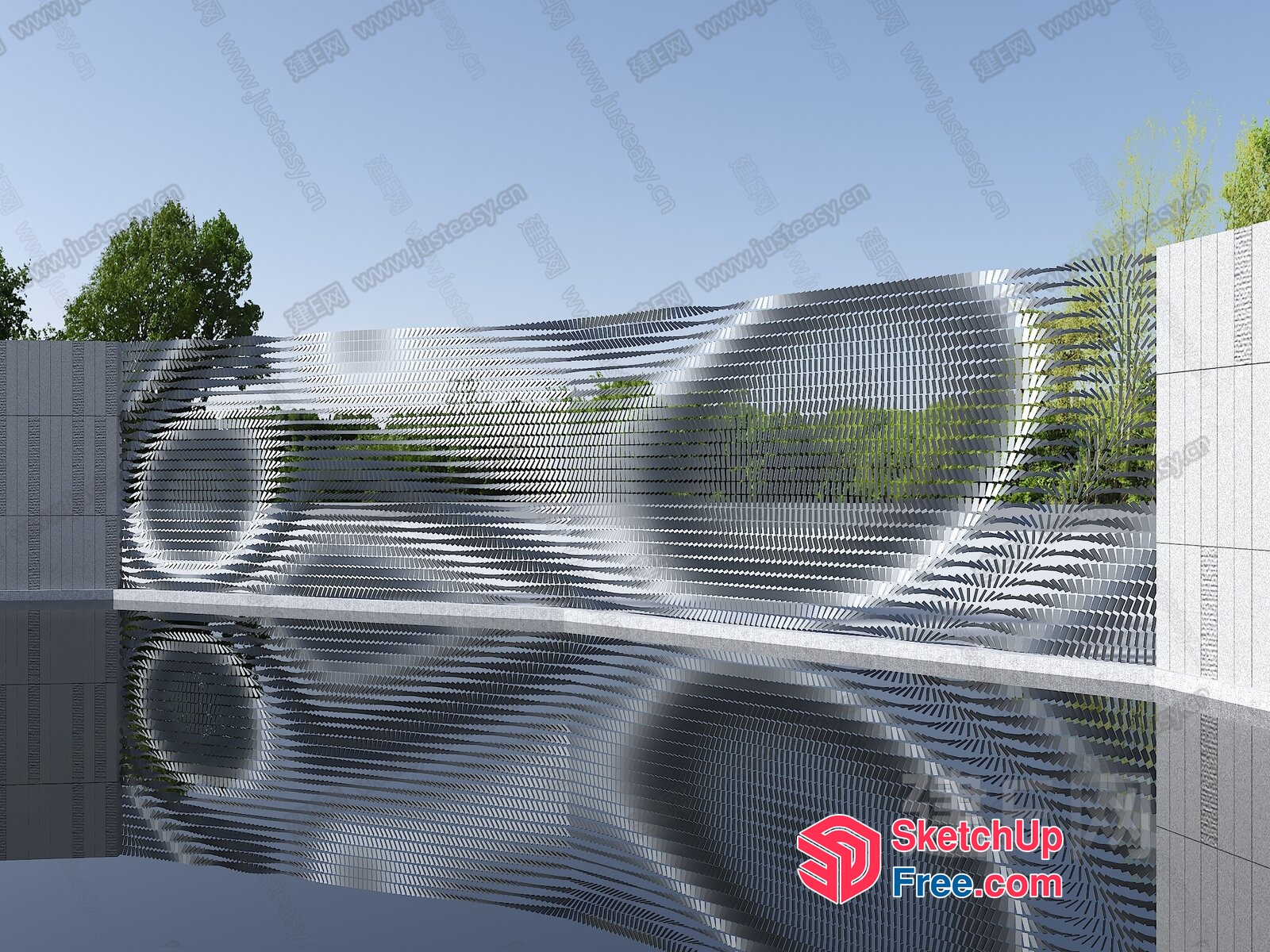 Modern Glass Curtain Wall With Reflective Pool 3D SketchUp File