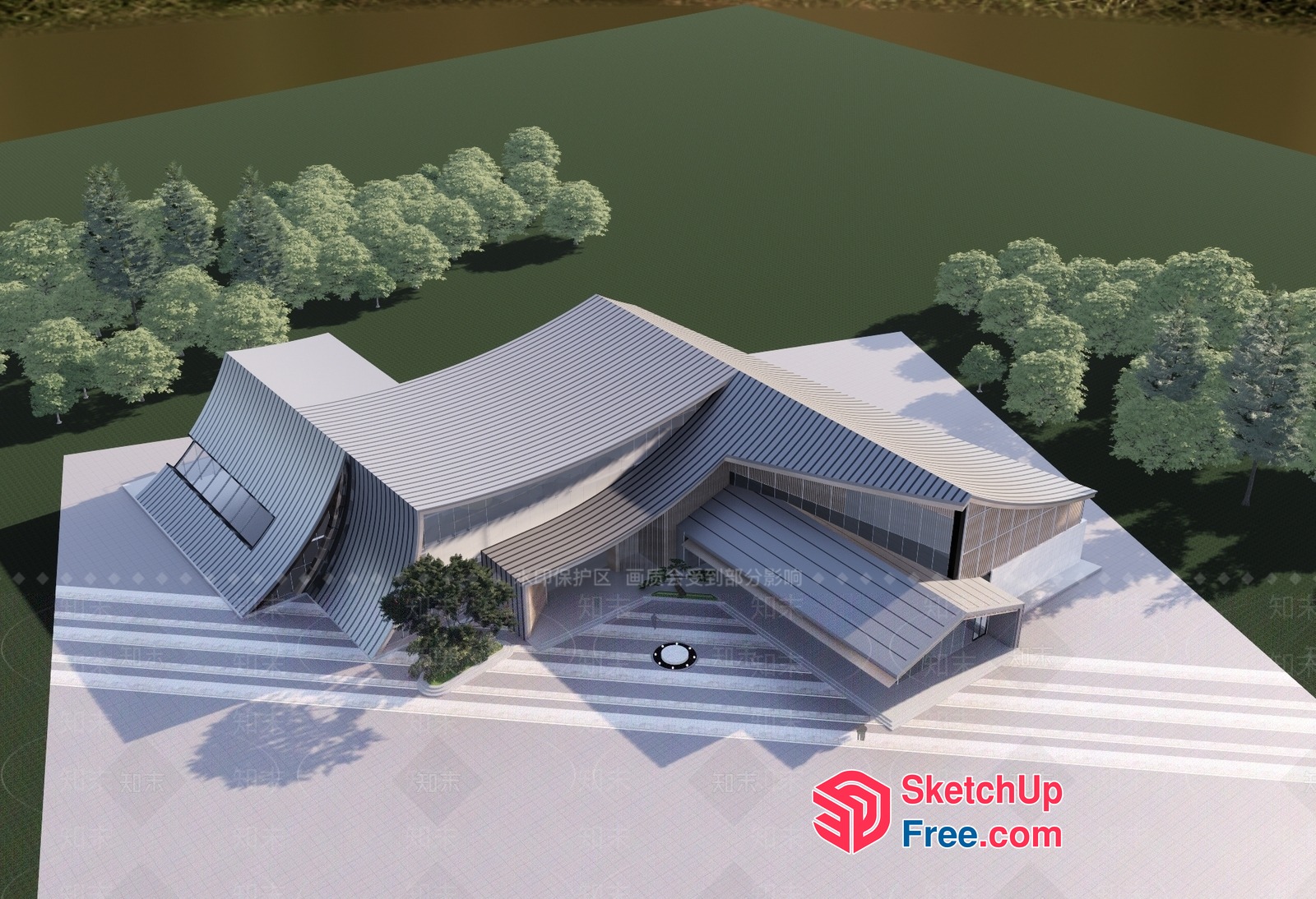 Modern Architectural Building With Curved Roof Synthesis 3D SketchUp File