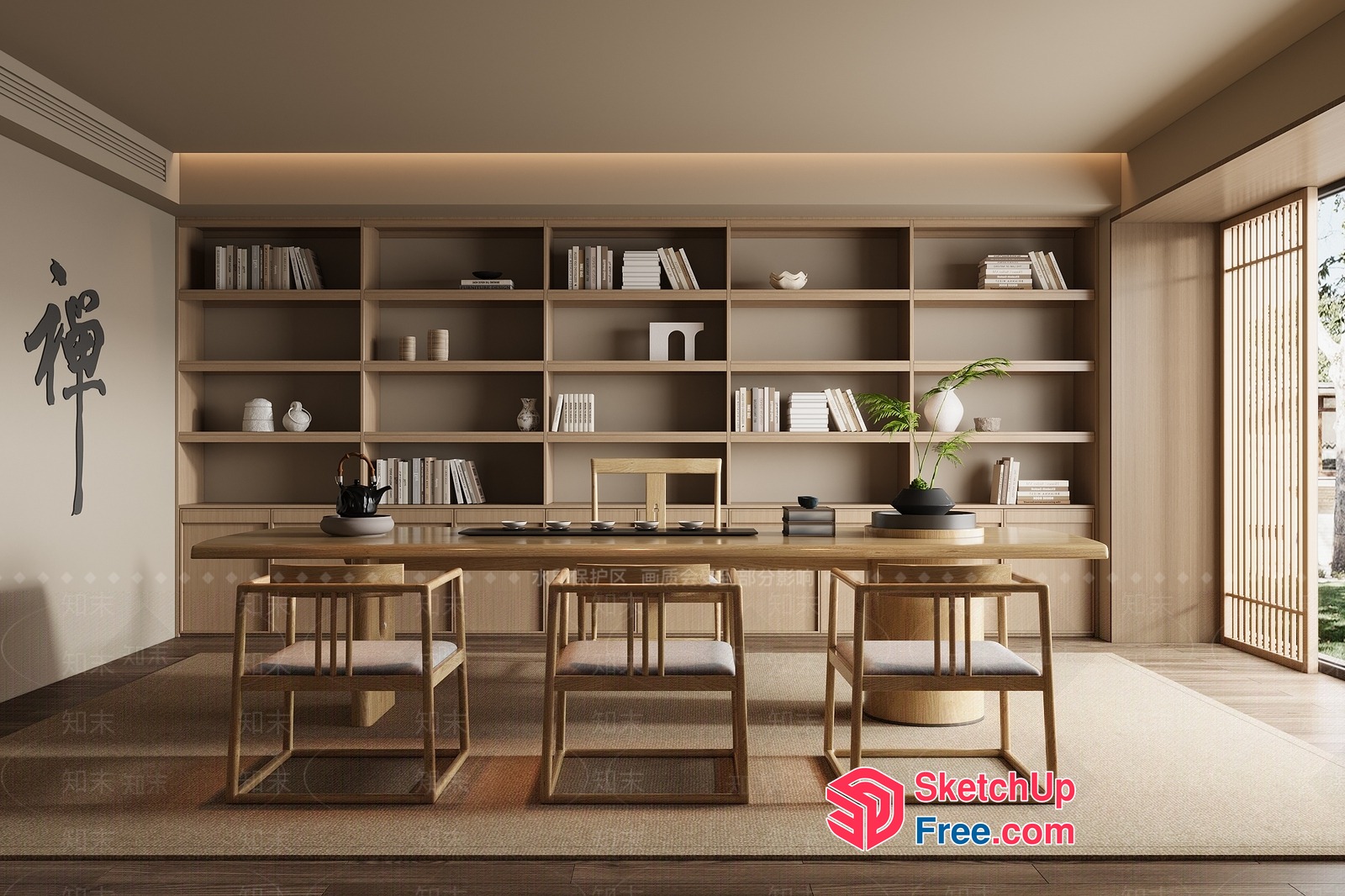 Minimalist Japanese-Style Dining Room With Wooden Table And Chairs 3D SketchUp File