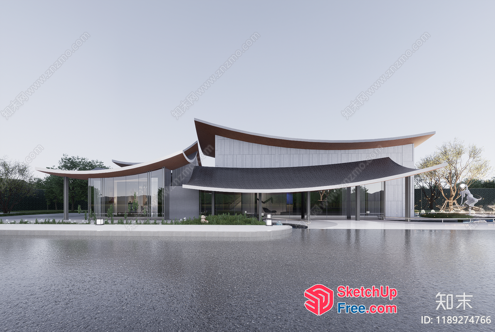 Modern Japanese-Inspired Villa With Sleek Glass Facade And Curved Roof 3D SketchUp File