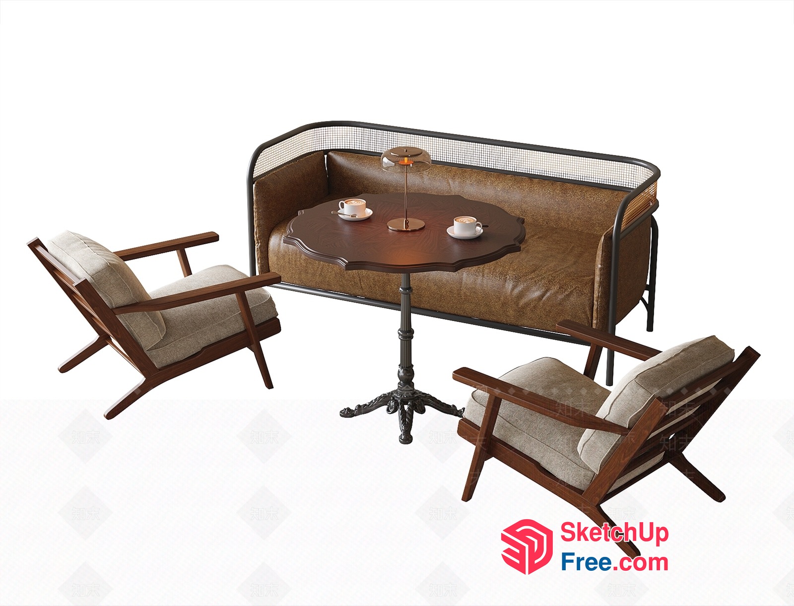Elegant Brown Leather Sofa And Wooden Table Set 3D SketchUp File