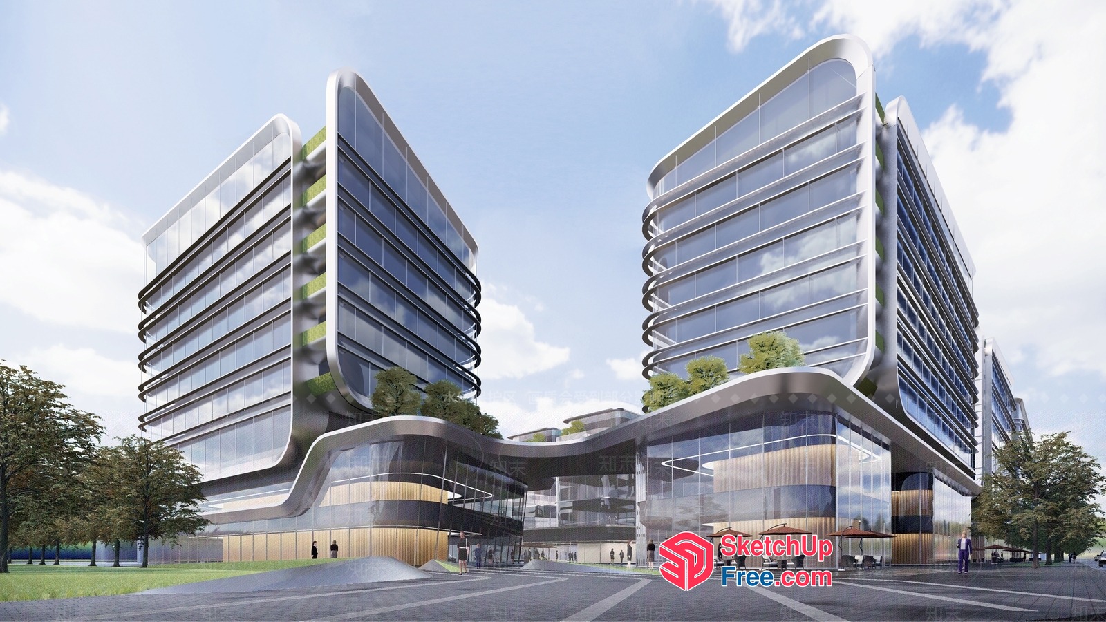 Modern Office Building With Glass Facade And Curved Lines 3D SketchUp File