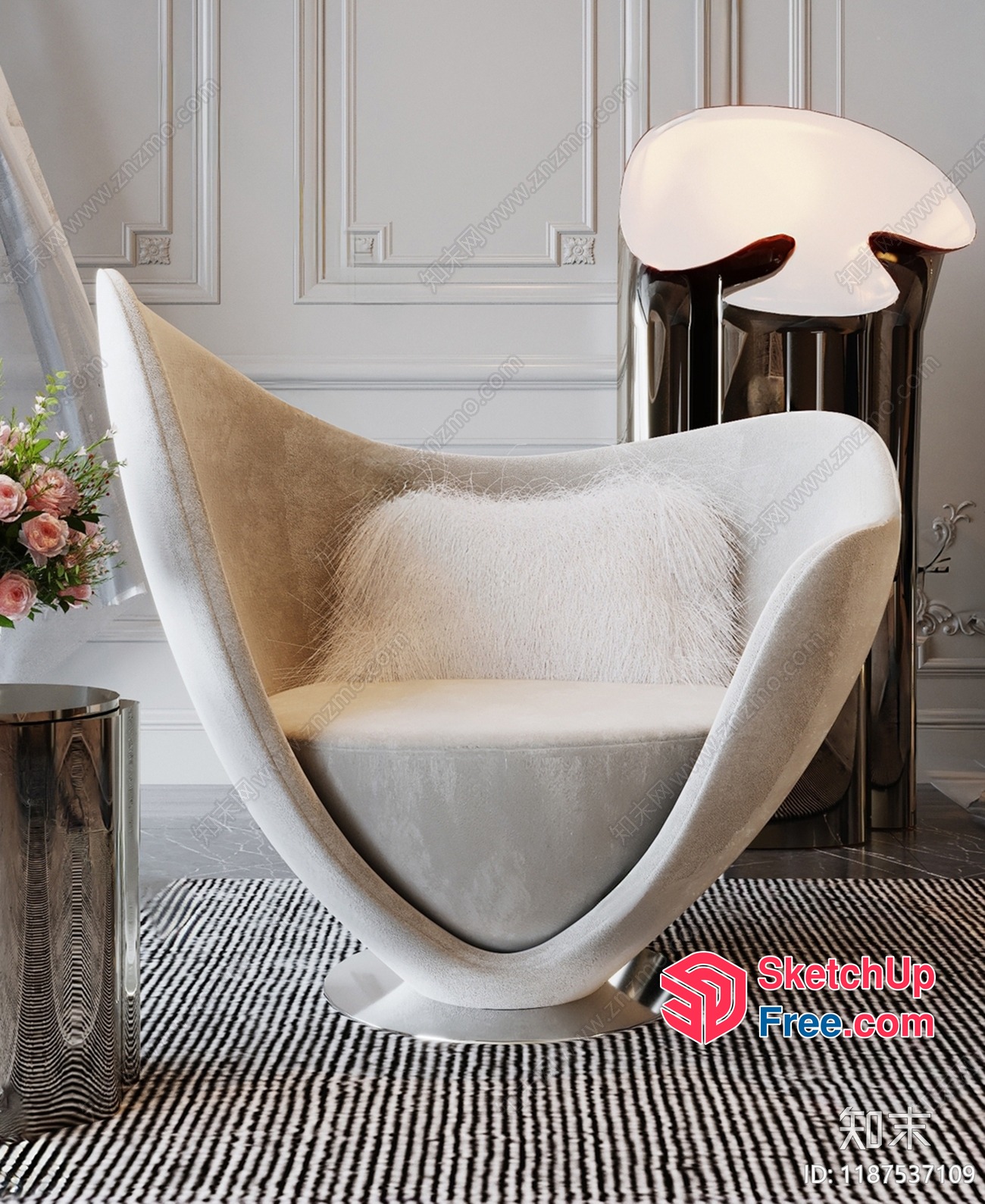 Modern White Chair With Curved Back And Silver Base 3D SketchUp File