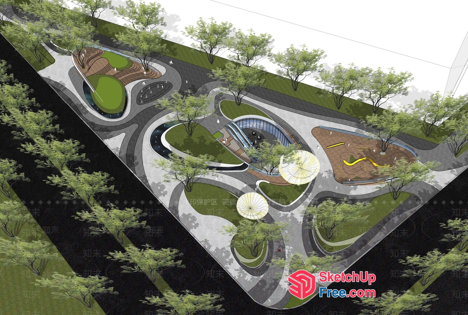 Modern Exterior Park Design With Curved Paths And Green Spaces 3D SketchUp File