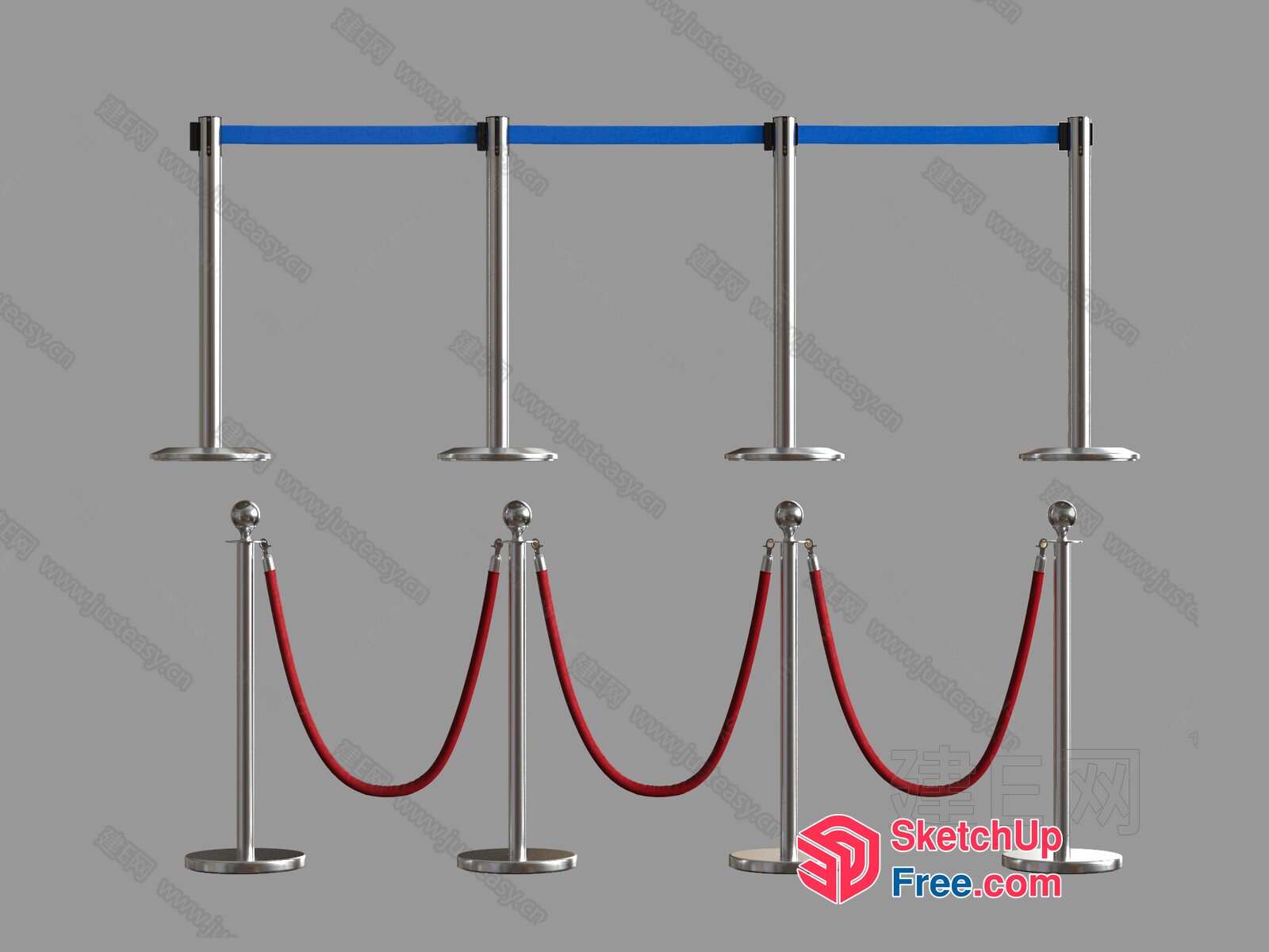 Silver And Blue Stanchions With Red Ropes 3D SketchUp File
