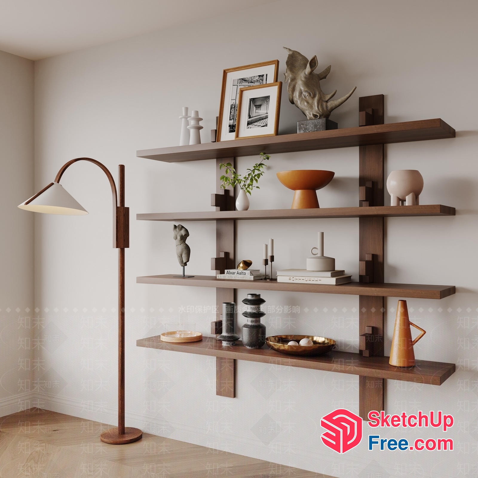 Modern Wood Shelf With Decorative Items 3D SketchUp File