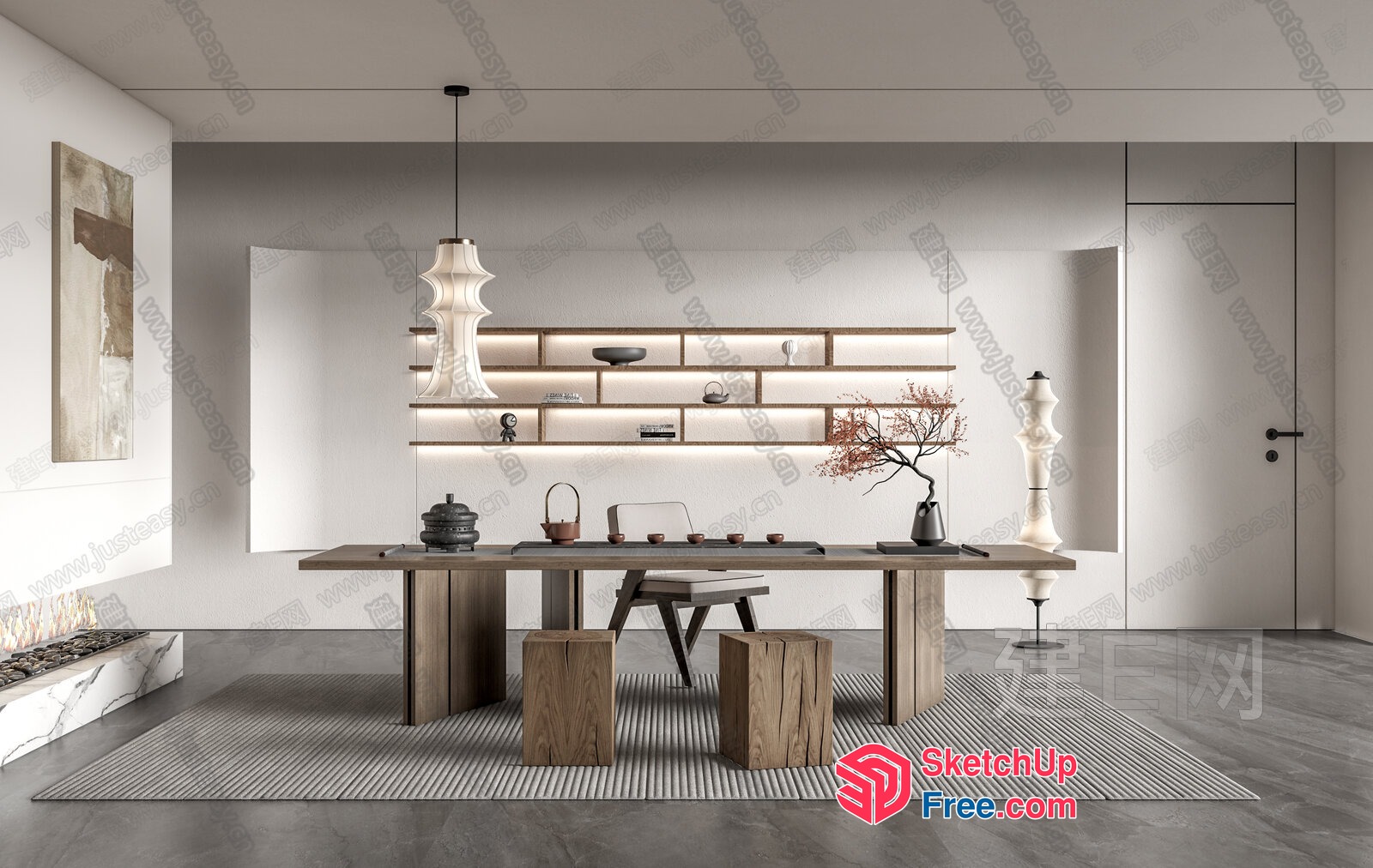Modern Japanese-Inspired Living Room With Wabi-Sabi Style Decor 3D SketchUp File
