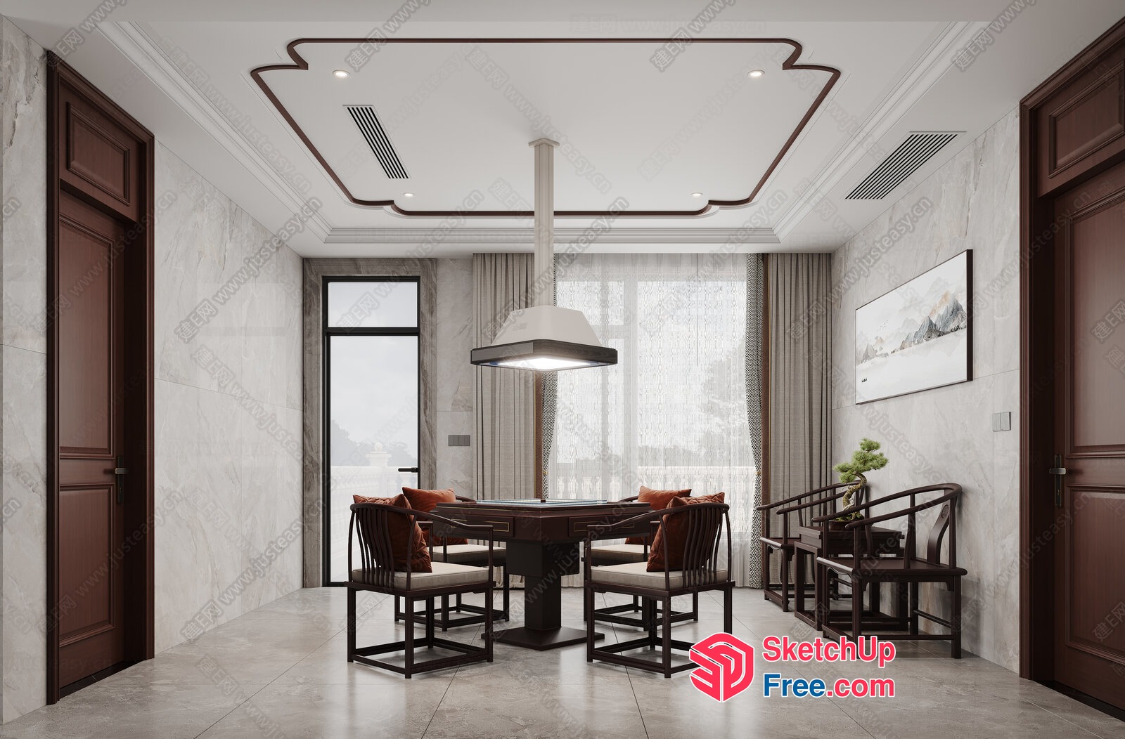 Elegant Dining Room With Modern Ceiling And Natural Light 3D SketchUp File