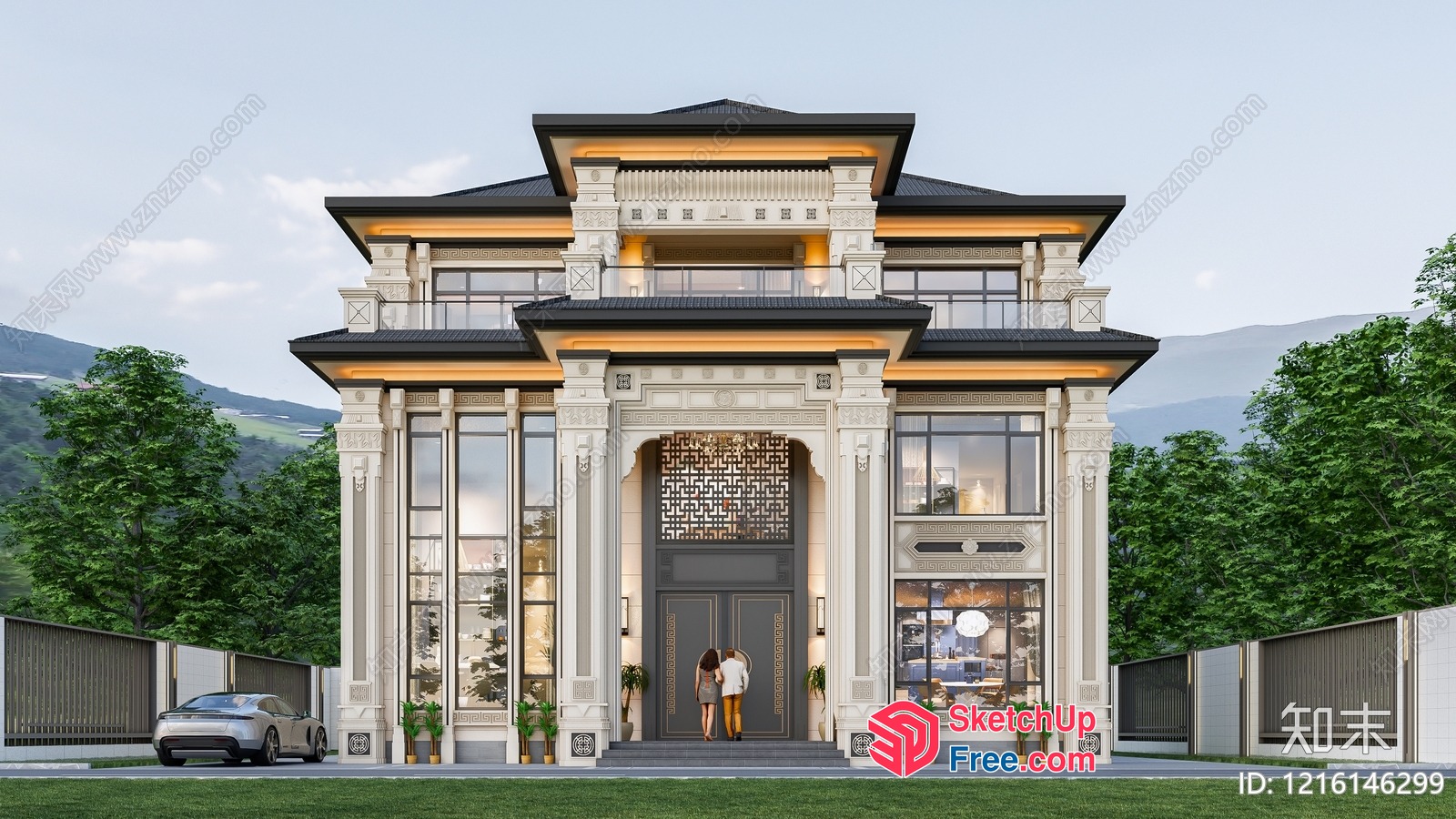 Asian-Inspired Mansion With Elegant Pillars 3D SketchUp File