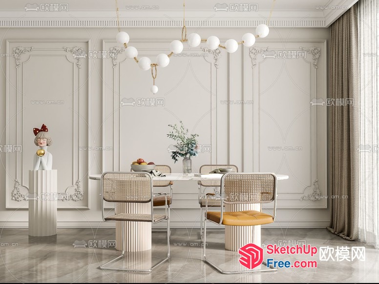 Elegant Modern Classic White Dining Room Interior 3D SketchUp File