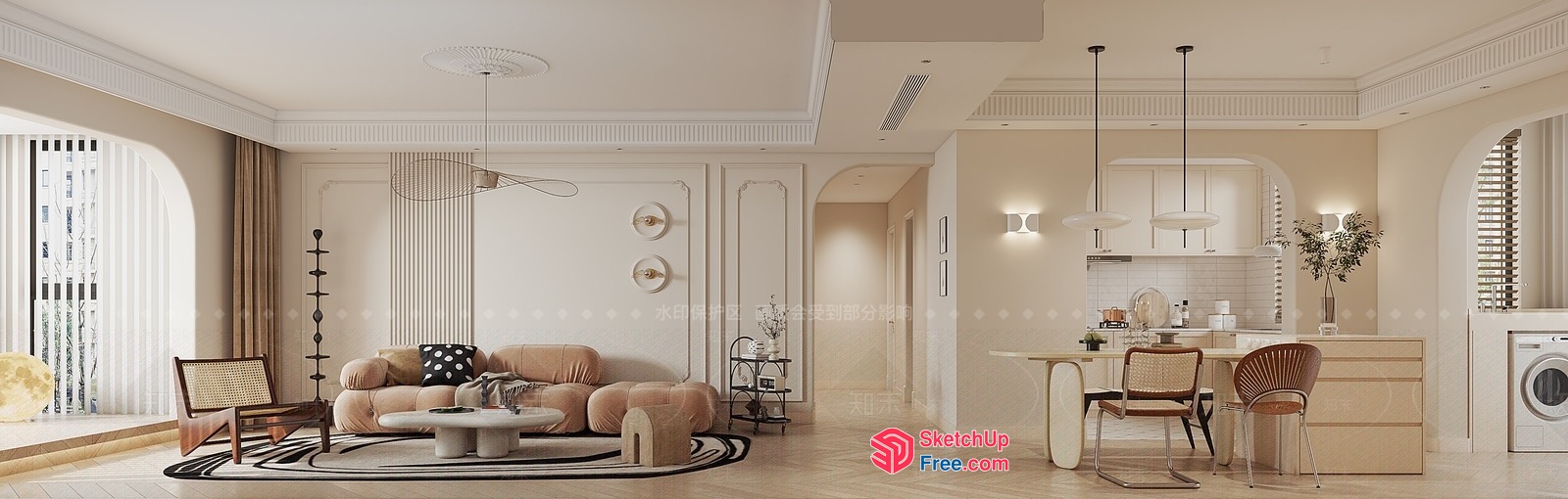 Elegant Creamy Style Living Room With Modern Furniture 3D SketchUp File