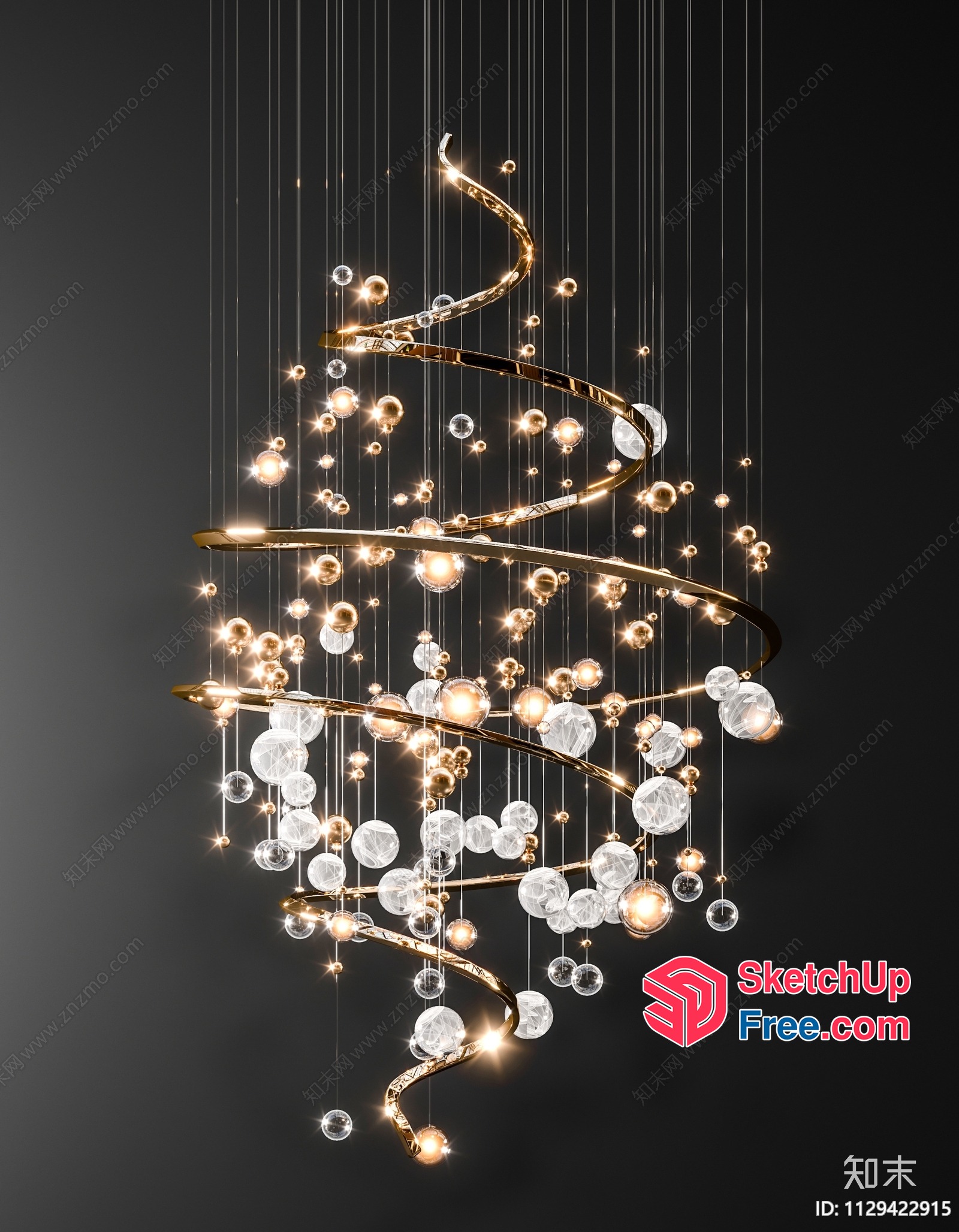 Luxurious Glass Ball And Gold Metal Spiral Chandelier 3D SketchUp File