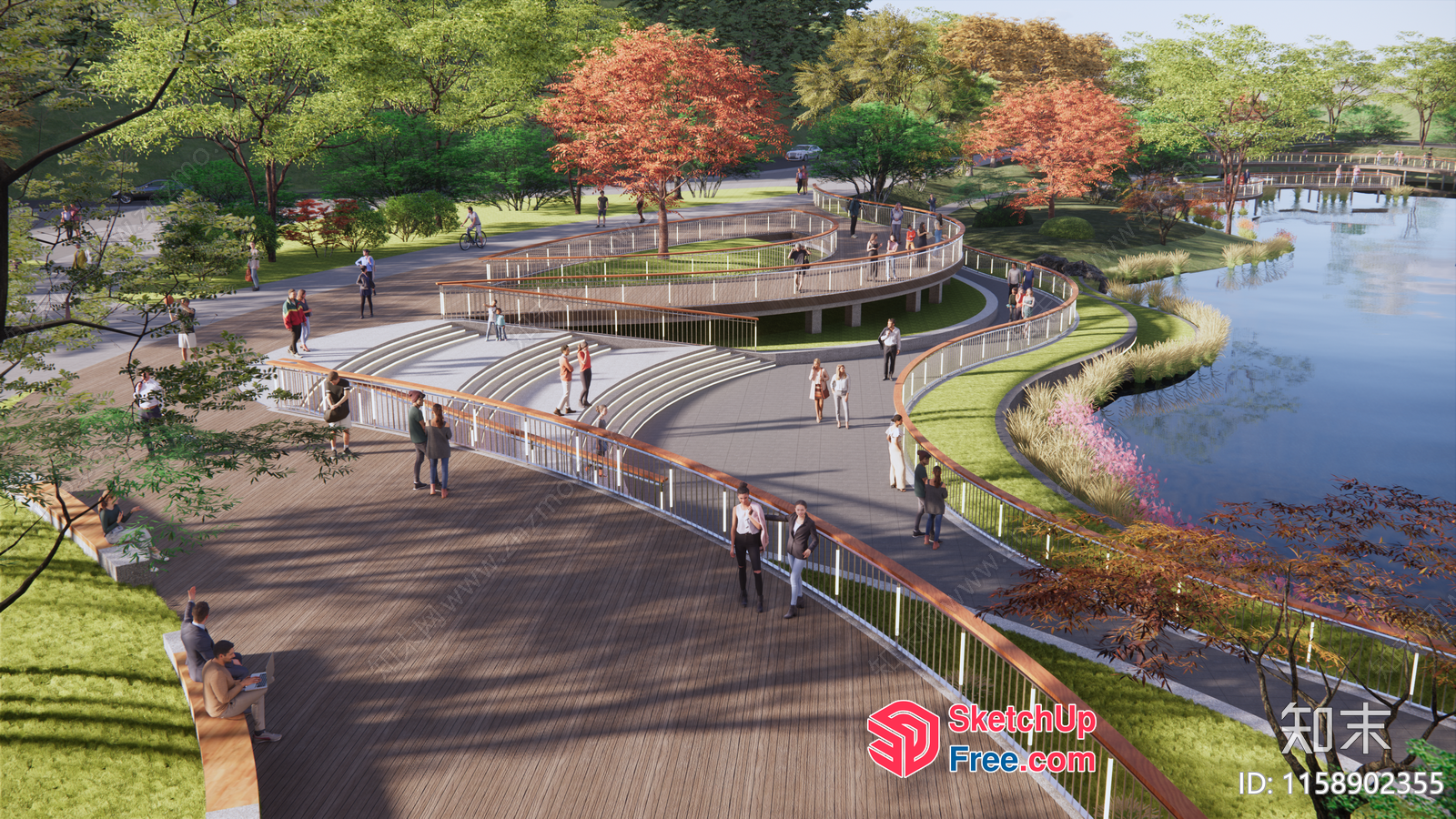 Serene Park Scene With Wooden Bridge And Curved Pathways 3D SketchUp File