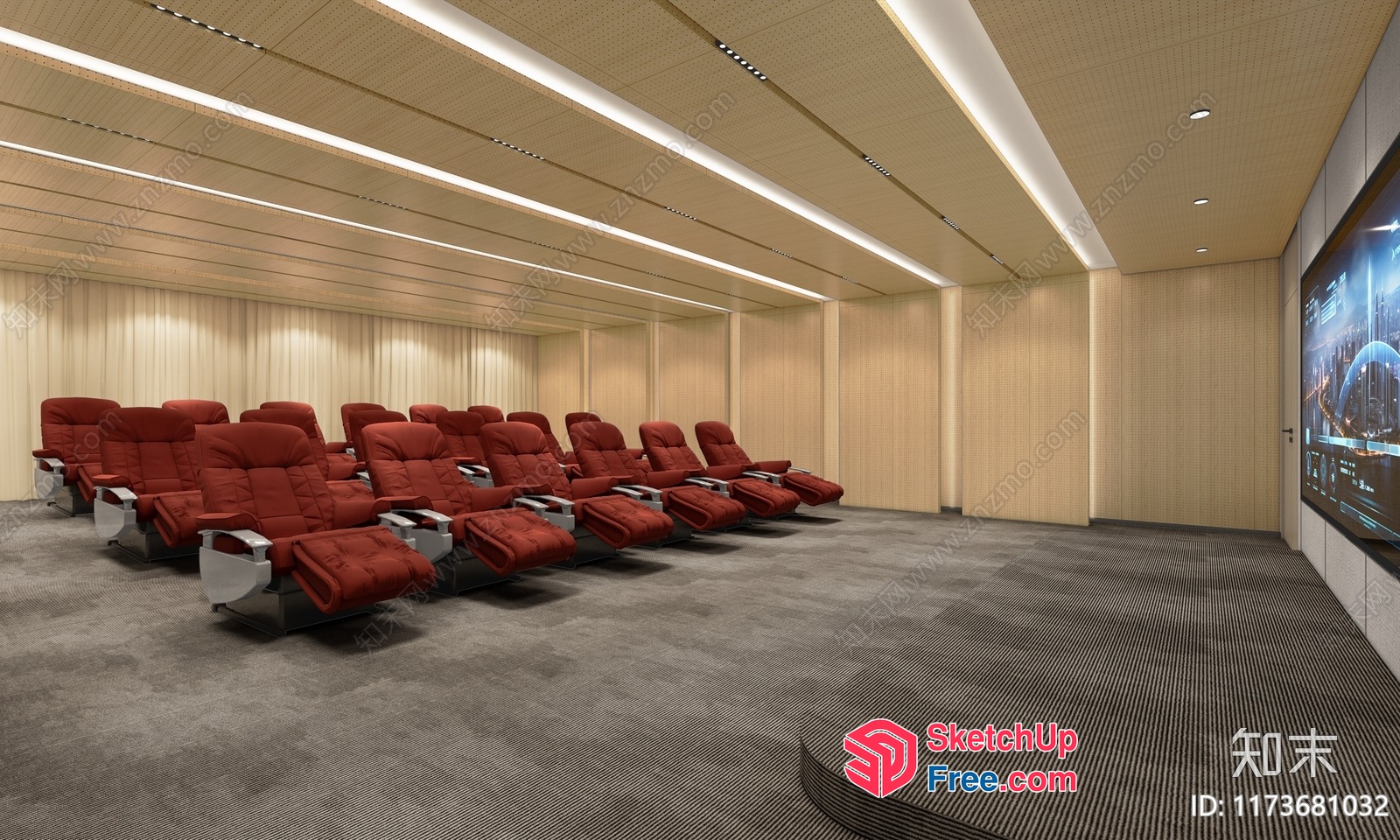 Modern Theater Room With Red Reclining Chairs And Large Screen 3D SketchUp File