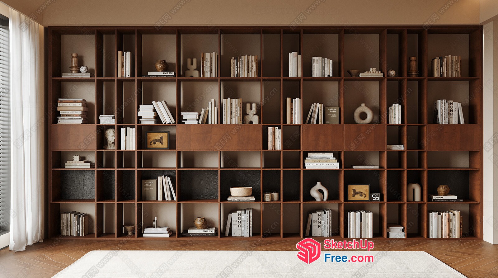Large Wooden Bookcase With Decorative Items 3D SketchUp File