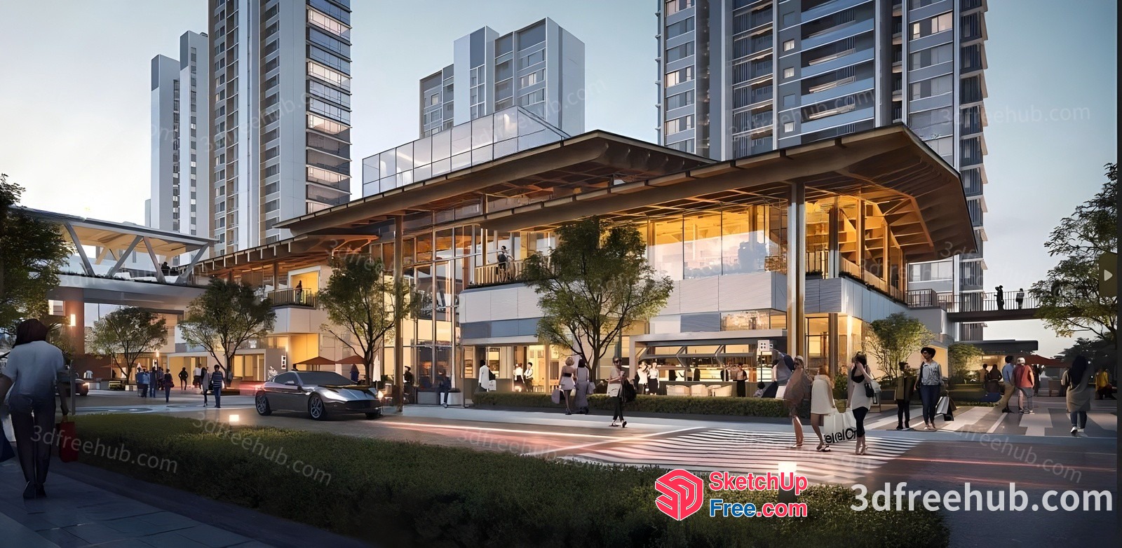City Street With Modern Buildings And Pedestrians 3D SketchUp File