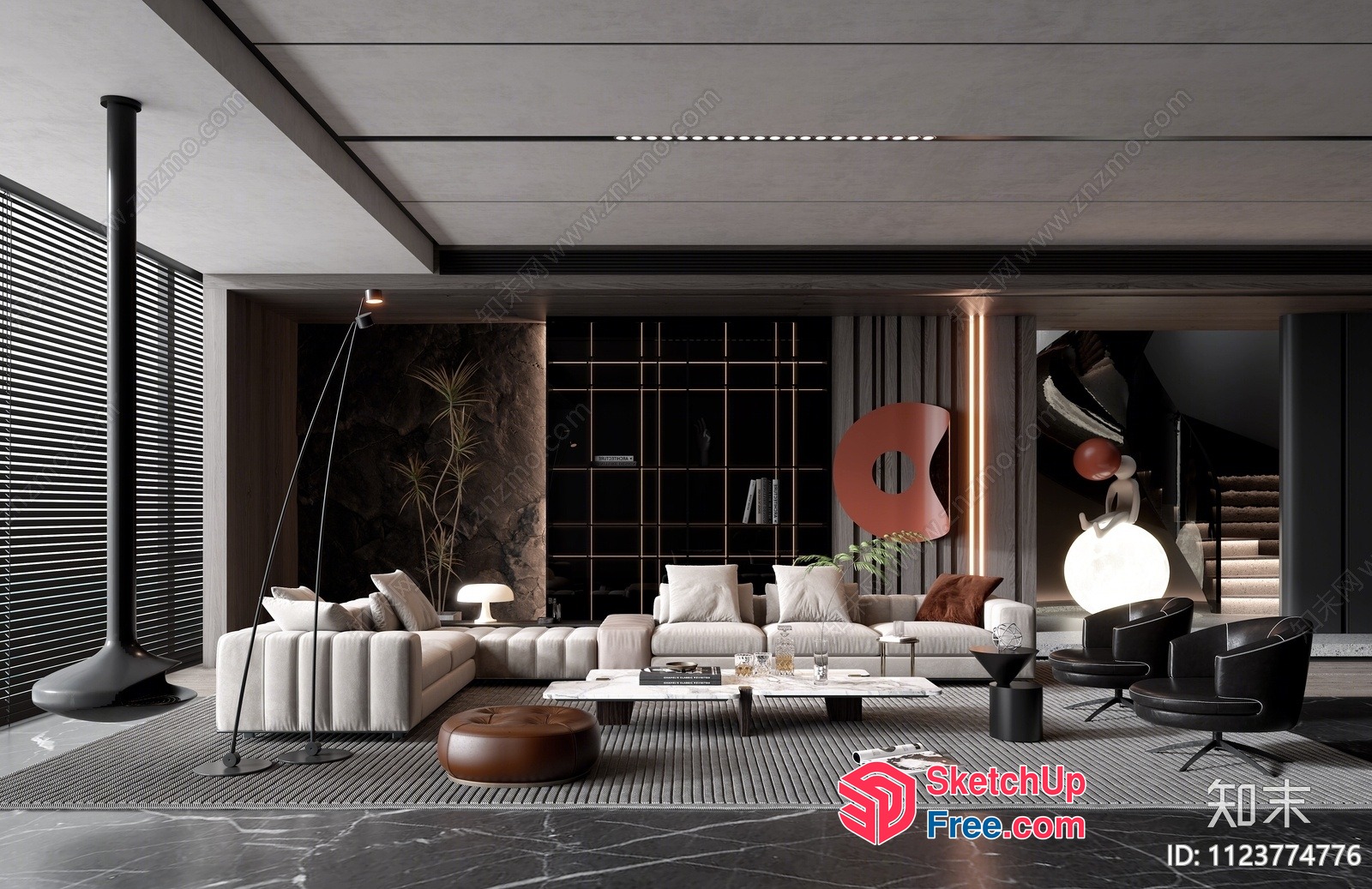 Modern Living Room With White Sofa And Brown Pillars 3D SketchUp File