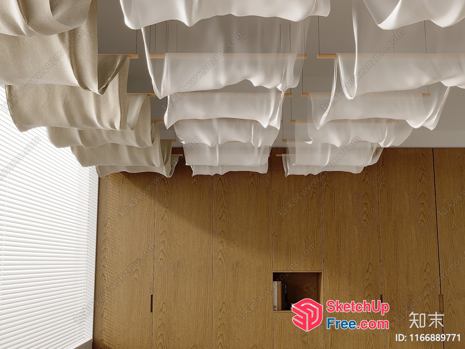 Modern Minimalist Ceiling Decor With White Curtains And Wood Paneling 3D SketchUp File