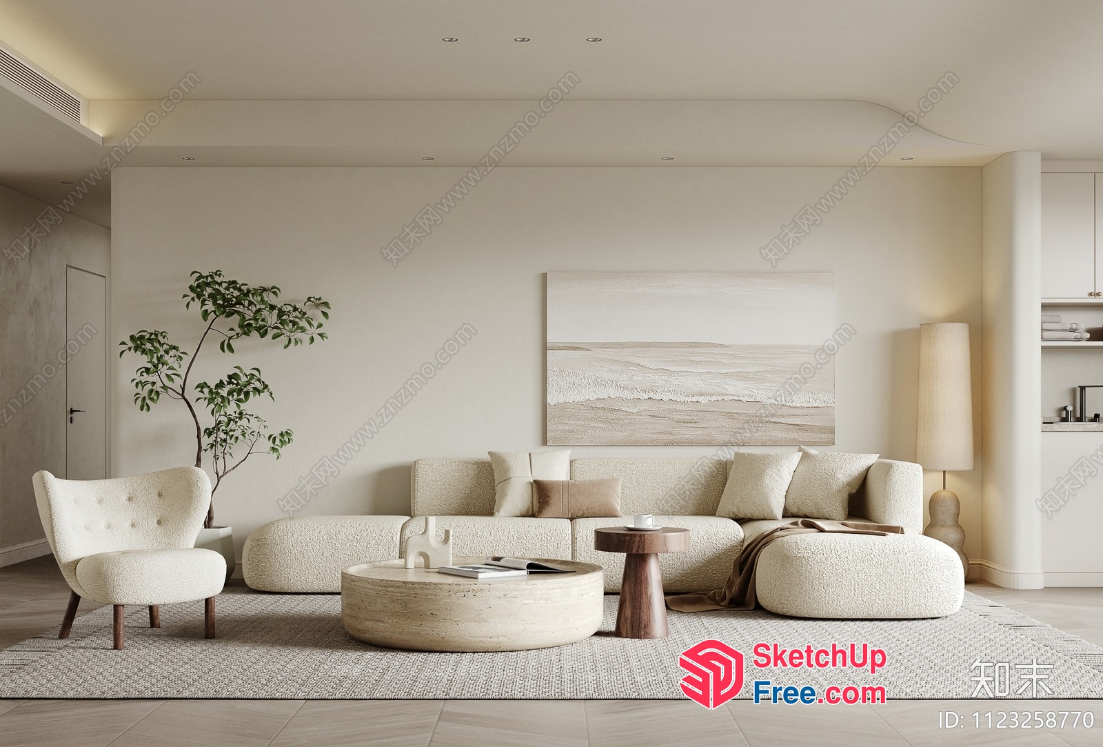 Modern Creamy Style Living Room With Elegant Furniture 3D SketchUp File
