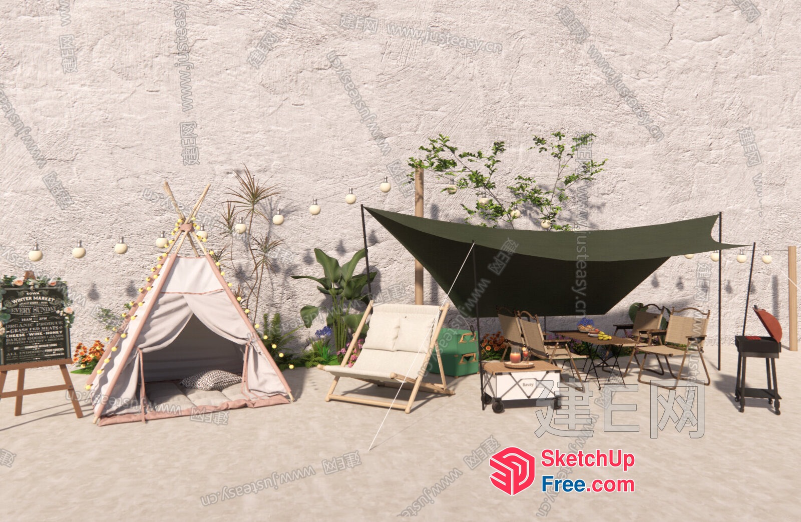 Outdoor Living Space With Teepee And Hammock 3D SketchUp File
