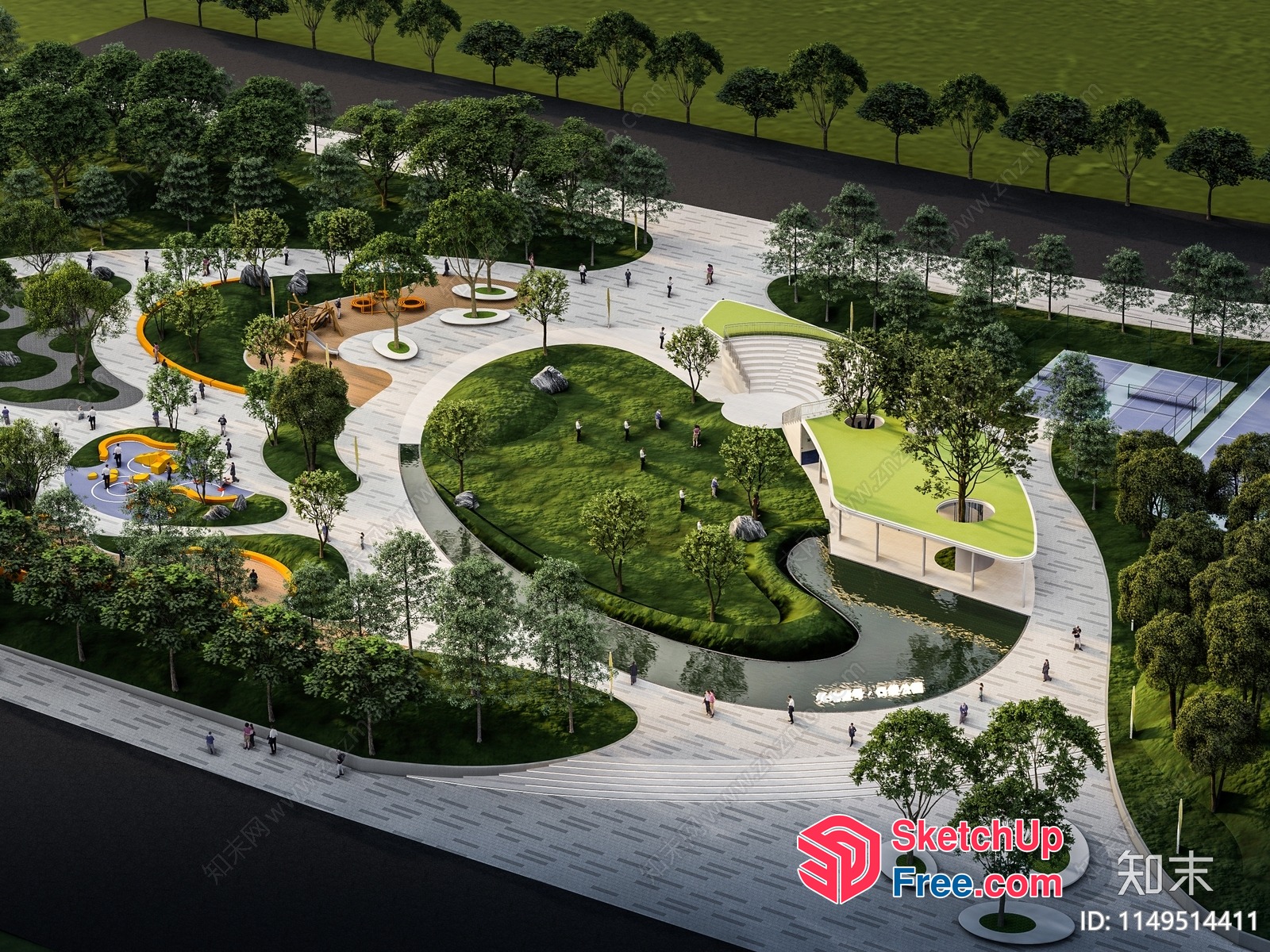 Serene Modern Park With Unique Landscaping Features 3D SketchUp File