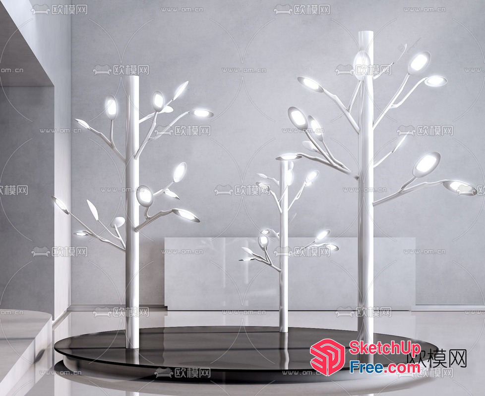 Modern White Tree Sculptures On Round Black Platform 3D SketchUp File