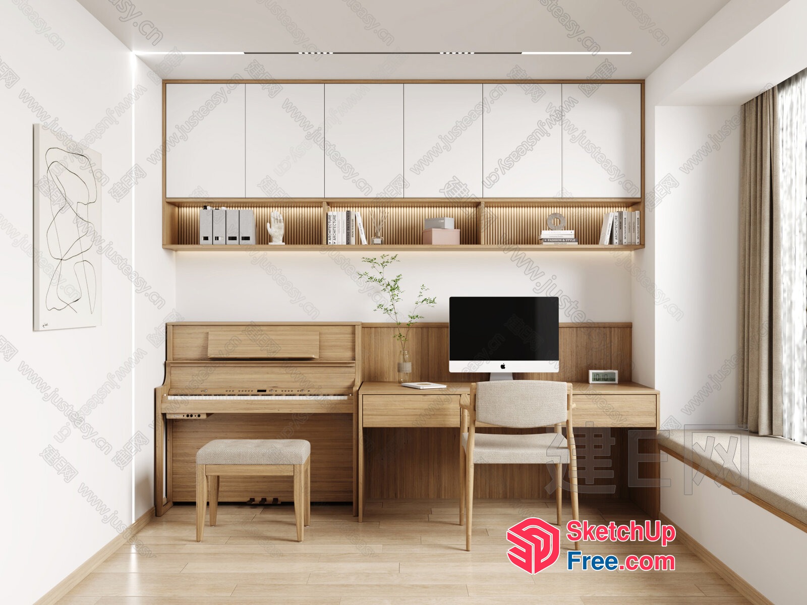 Modern Minimalist Office With Piano And Natural Wood Tones 3D SketchUp File