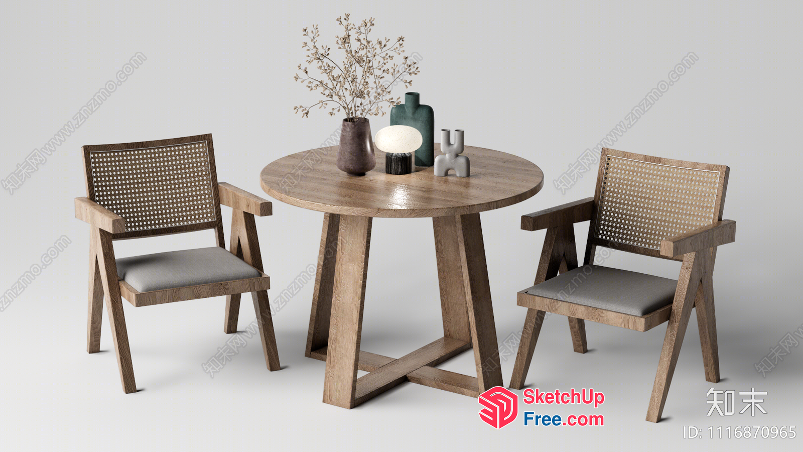 Wooden Table And Two Chairs With Decorative Items 3D SketchUp File