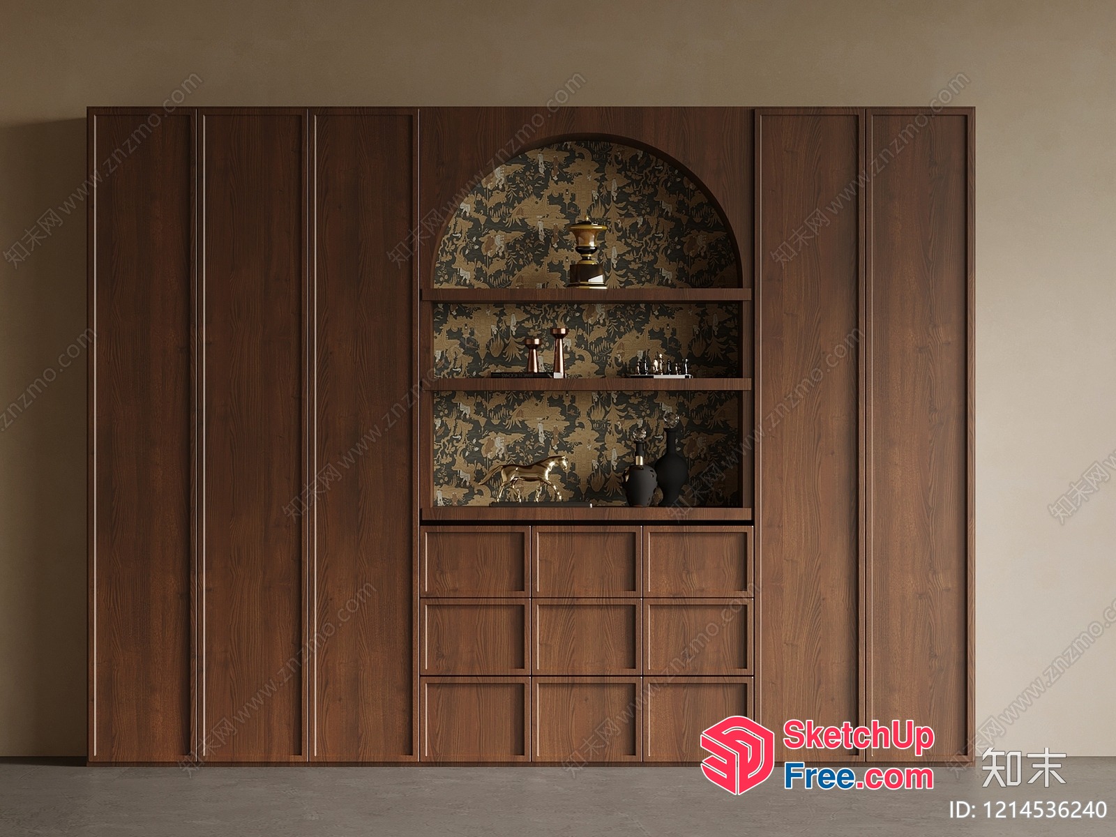 Stylish Brown Wooden Cabinet With Decorative Shelves 3D SketchUp File