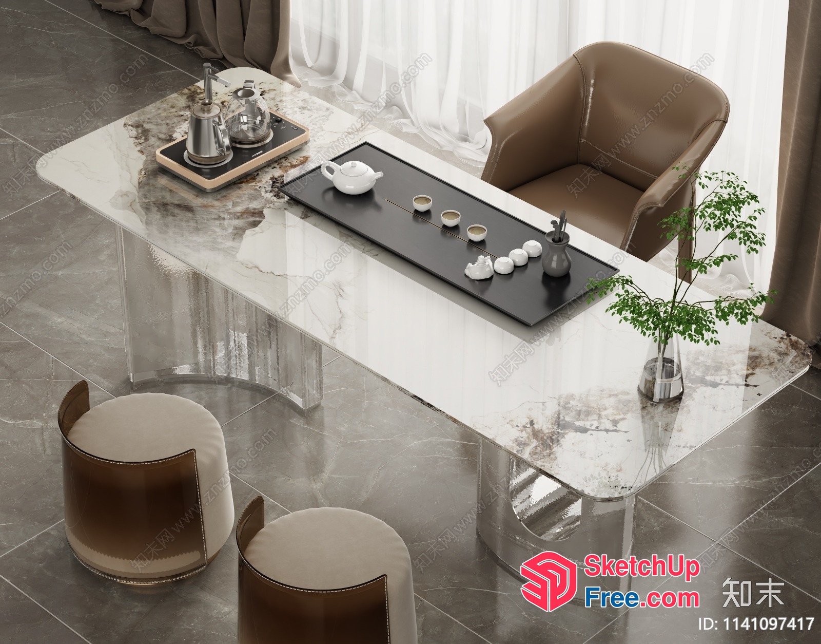Modern Living Room With Elegant Table And Chairs 3D SketchUp File