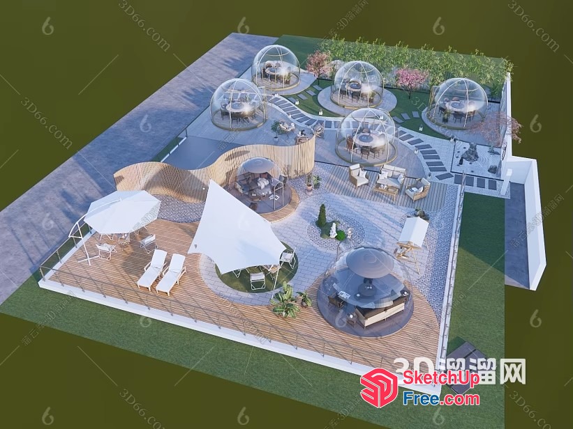Modern Outdoor Space With Glass Domes And Wooden Deck 3D SketchUp File