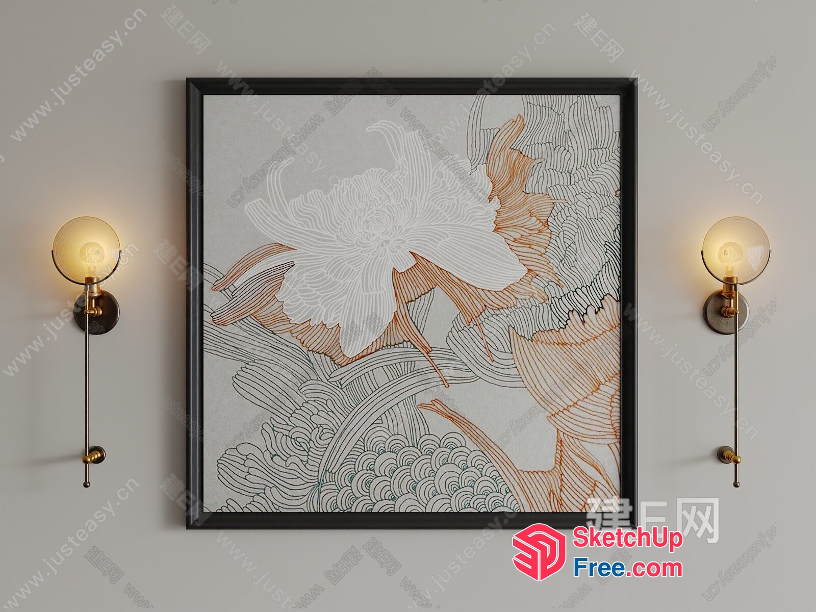 Elegant Floral Artwork In Black And Gold Frame 3D SketchUp File