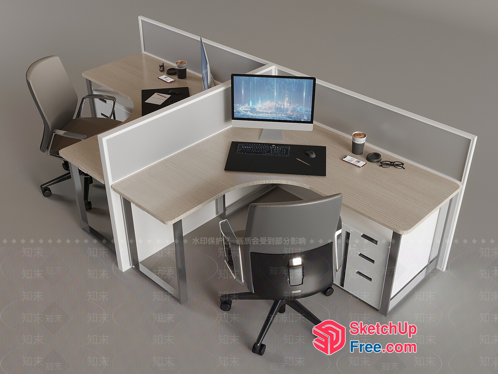 Modern Office Desk With Computer And Chair Setup 3D SketchUp File