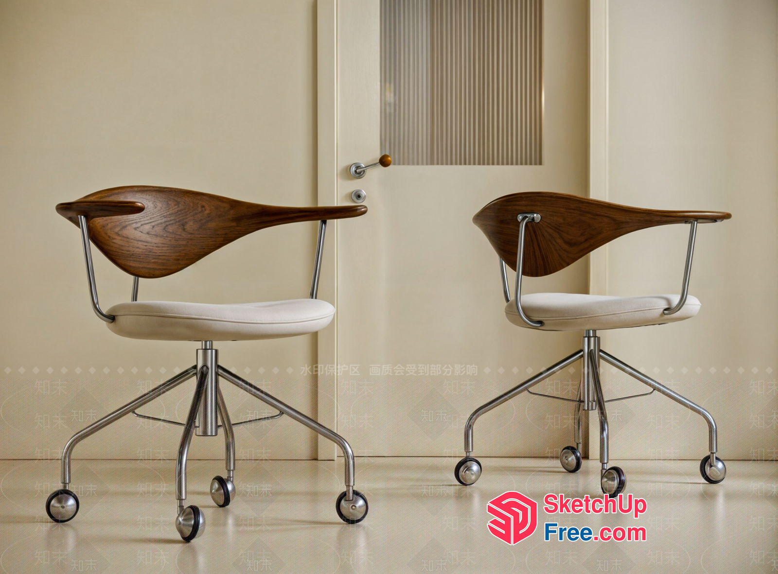 Modern Office Chairs With Wooden Backrests And White Cushions 3D SketchUp File