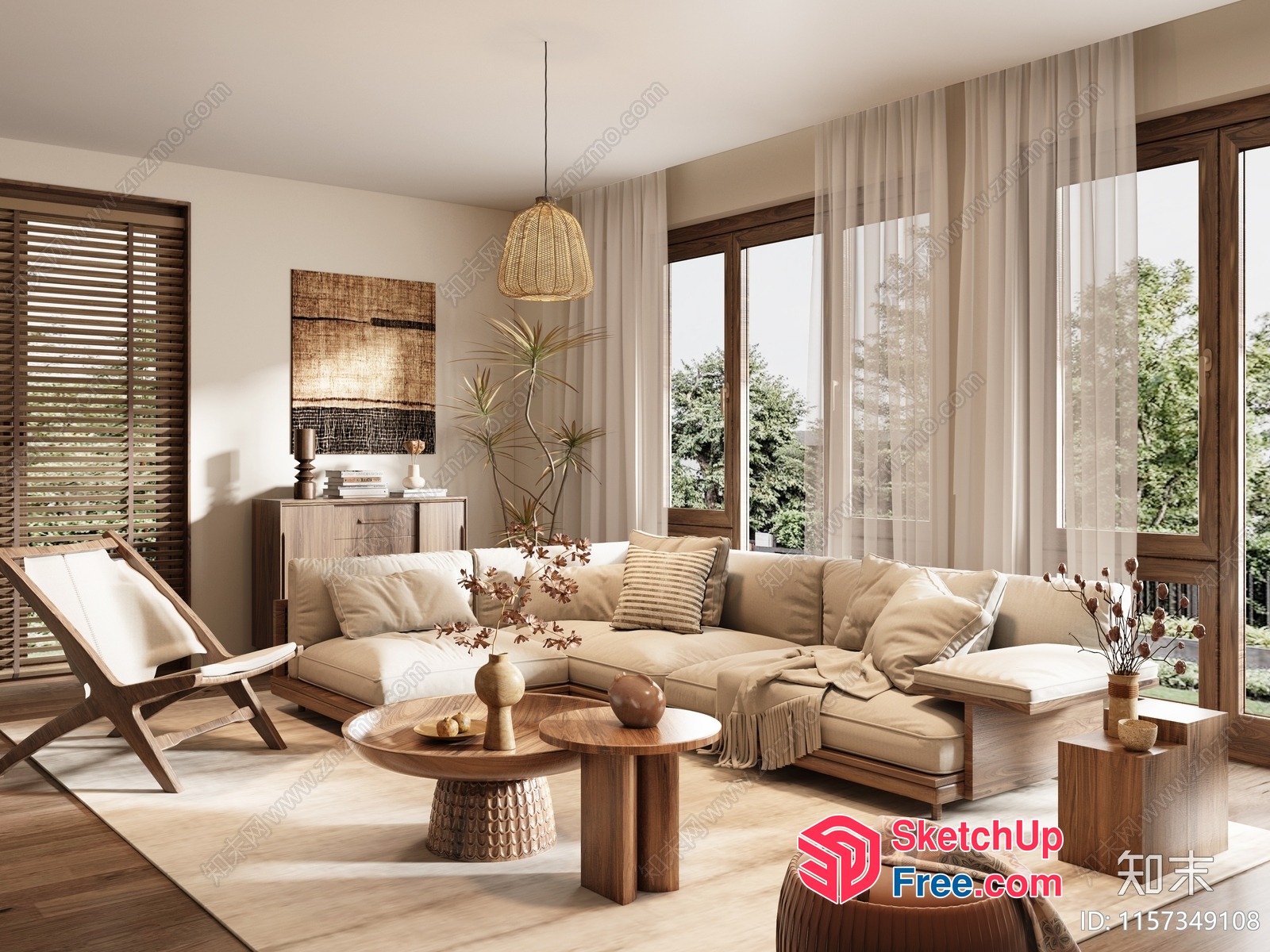 Elegant Living Room With Natural Wood Accents 3D SketchUp File