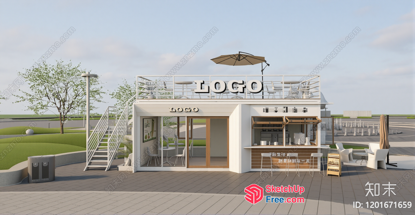 Modern Outdoor Cafe With Rooftop Seating 3D SketchUp File