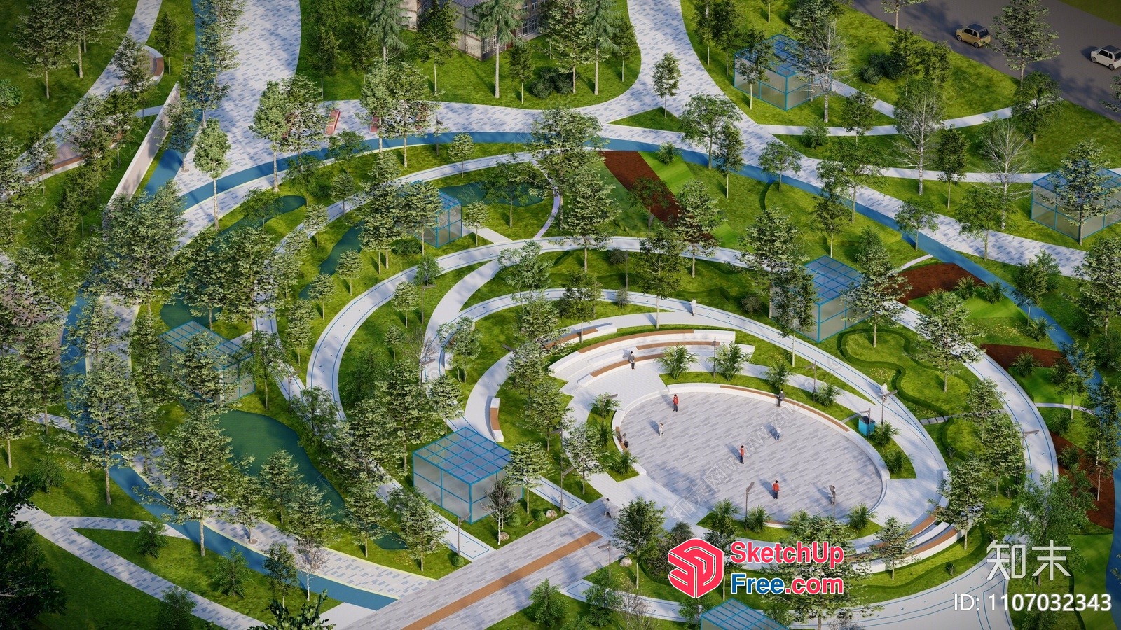 Aerial View Of A Serene Park With A Central Pavilion And Meandering Paths 3D SketchUp File
