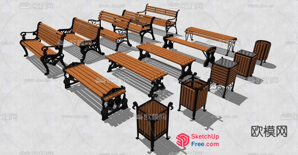 Wooden And Black Metal Outdoor Furniture Set 3D SketchUp File